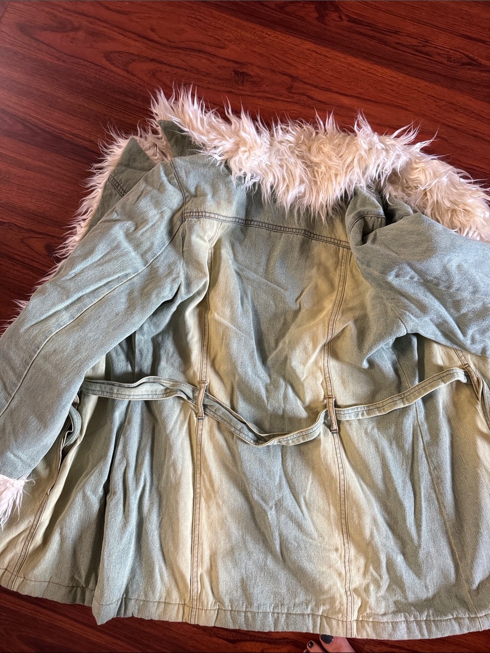 Faux Fur-Trim Sage Green Women's Coat - Picture 4 of 4